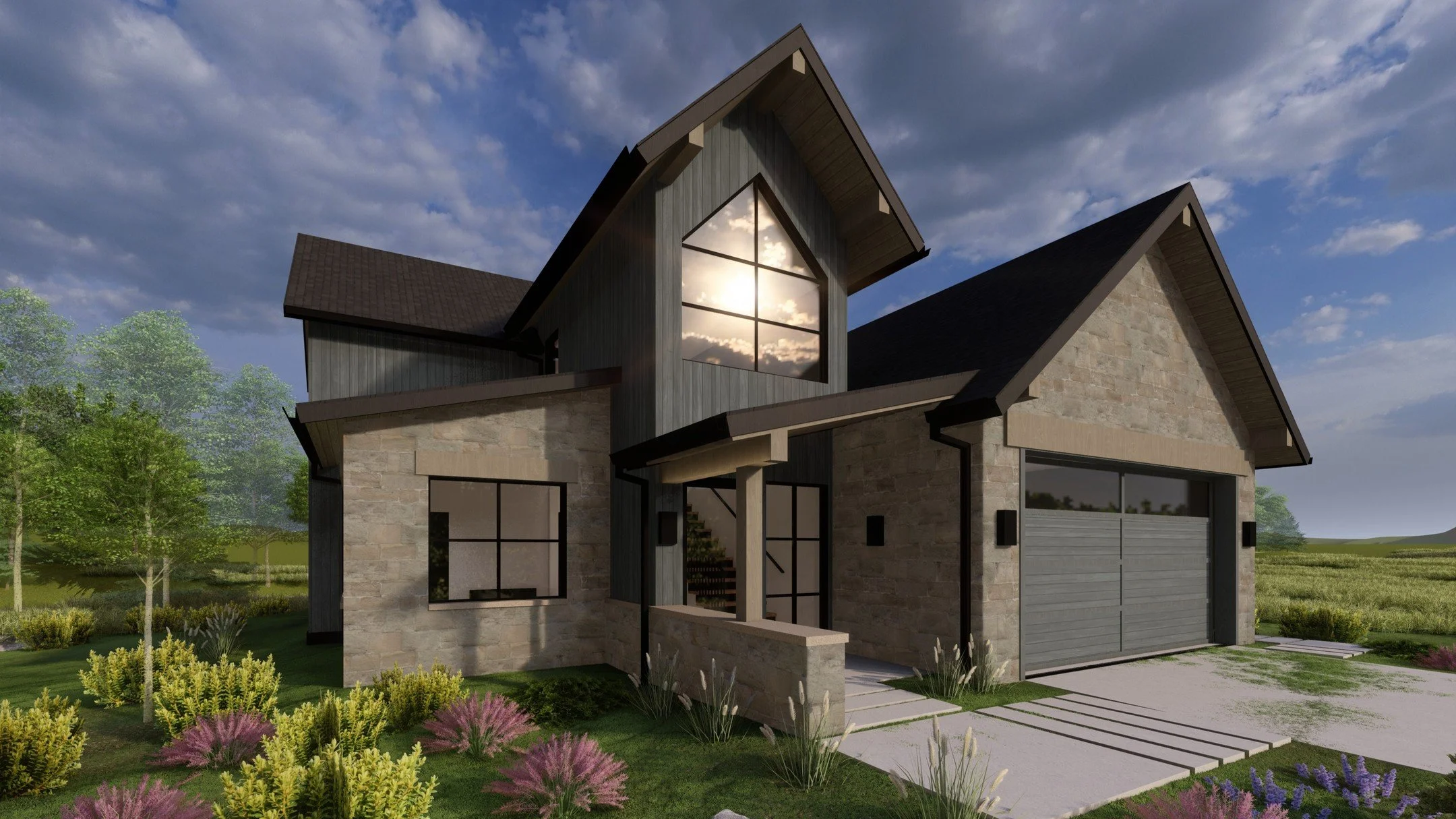 Follow up on last week's post to show the vision for this Aspen Glen home currently under construction. Tight lots require creative solutions to design inviting entryways, provide intimate outdoor spaces, and flood the interiors with natural daylight