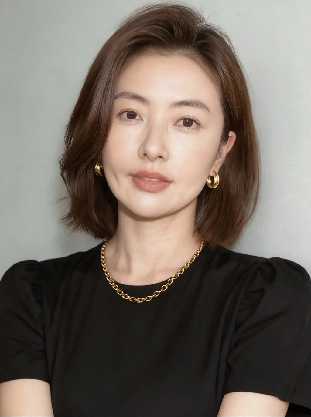 A woman with shoulder-length brown hair, wearing gold hoop earrings, a gold chain necklace, a black top, and makeup, standing against a plain light-colored background.