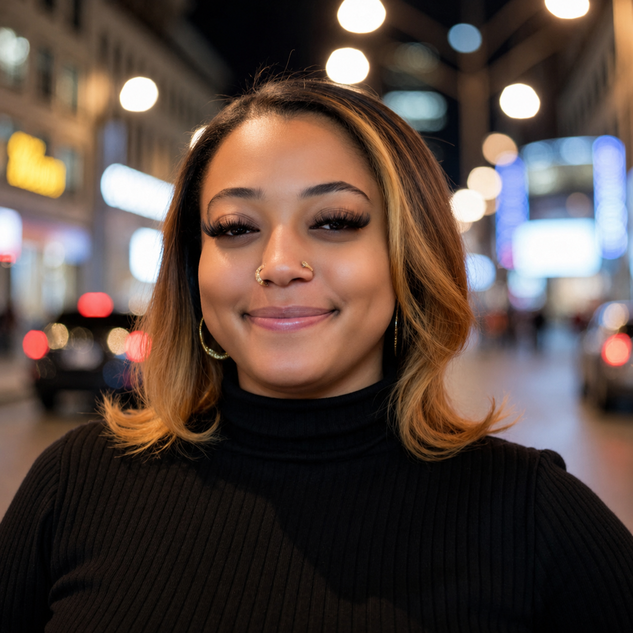 Smiling woman with hoop earrings and a nose piercing, standing in a city street at night. Bright streetlights and blurred cars in the background.