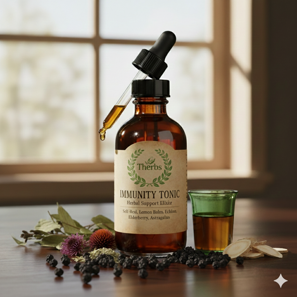 A brown glass dropper bottle labeled "Immunity Tonic" with a plastic dropper on top, pour some golden liquid into a small green glass on a wooden surface surrounded by herbs and dried plants, with a window in the background.