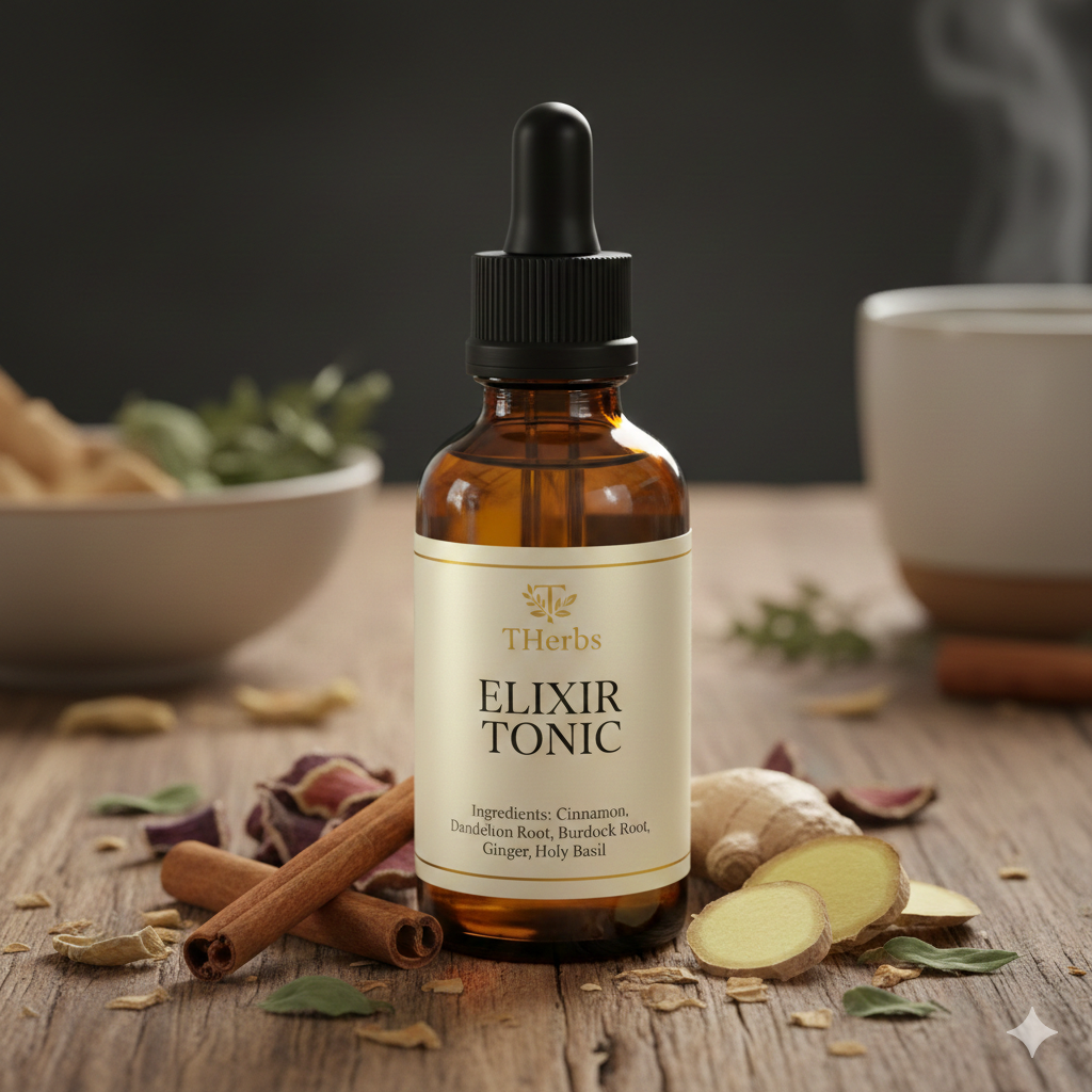 A bottle of THerbs Elixir Tonic with ingredients like ginger, cinnamon sticks, and ginger root around it, set on a wooden surface.