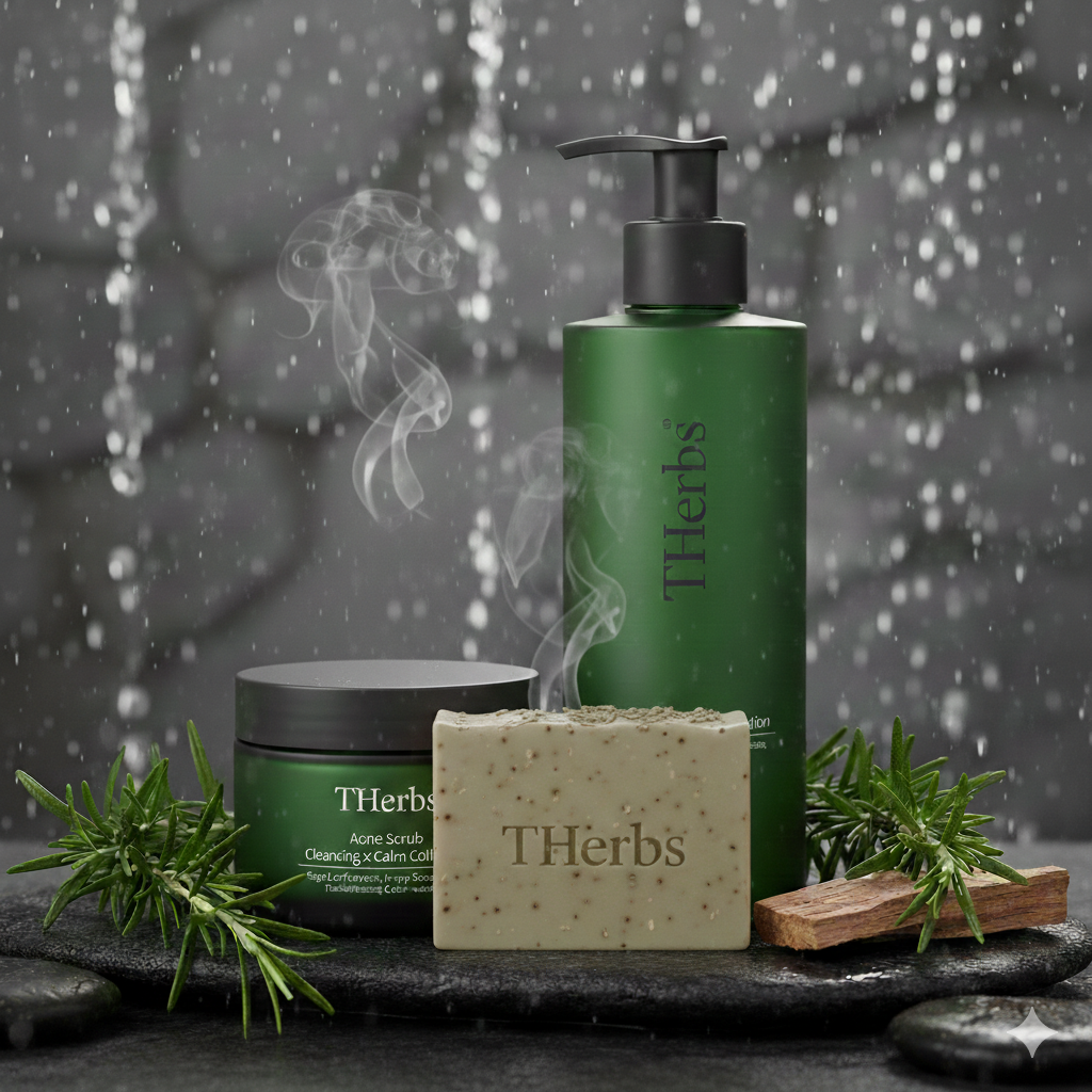 Skincare products including a soap bar, a green bottle with a pump, and a small jar labeled THerbs, arranged with rosemary sprigs and rocks against a dark, textured background with water droplets.
