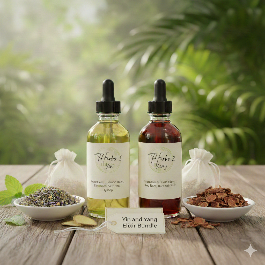 Two bottles of herbal tinctures, labeled 'Herbs 1 Yin' and 'Herbs 2 Yang,' placed on a wooden surface. In front of the bottles are white bowls filled with dried herbs and herbs on a string. Small cloth pouches are behind the bottles, with a label reading 'Yin and Yang Elixir Bundle.' The background features green foliage.