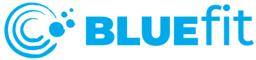 Bluefit logo with stylized circular wave design and bold text