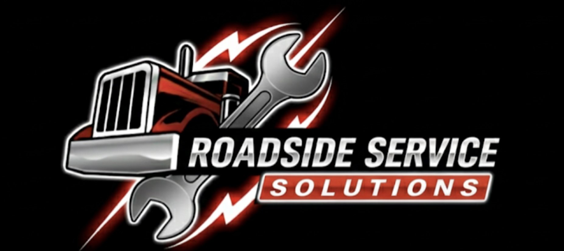 Graphic logo for Roadside Service Solutions featuring a truck, wrench, and screwdriver with lightning design elements.
