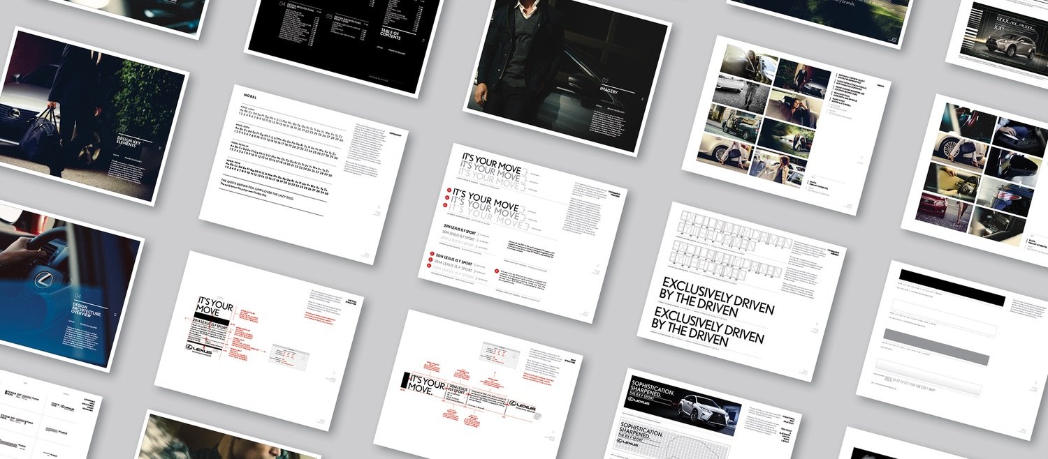 A collection of car brochure pages featuring various Lexus vehicles, including images of the cars, interior shots, and advertising text.
