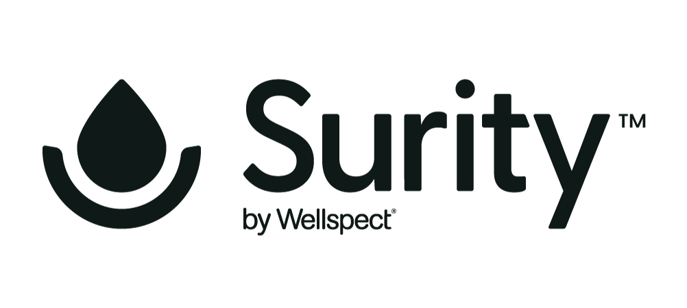 Surity logo with a dark drop icon and the words 'Surity by Wellspent' in black.