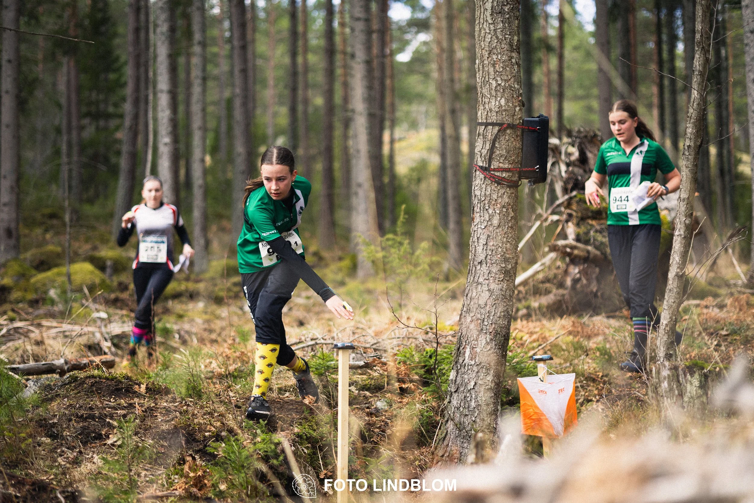 A photo from a relay race in Kolmården during the Swedish orienteering season 2026, captured by Foto Lindblom.