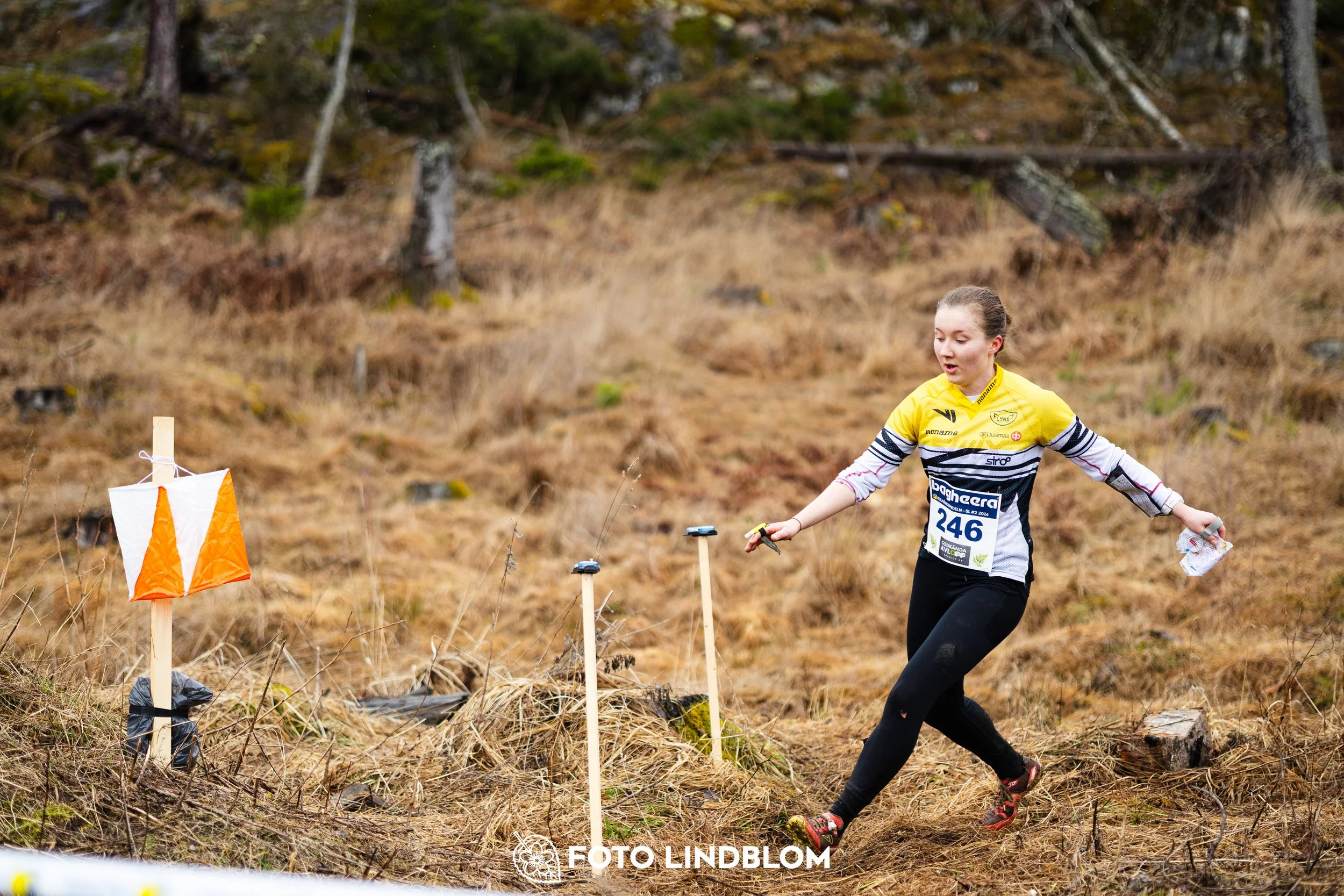 A photo from a Swedish orienteering league race in Kolmården during spring 2026, captured by Foto Lindblom.