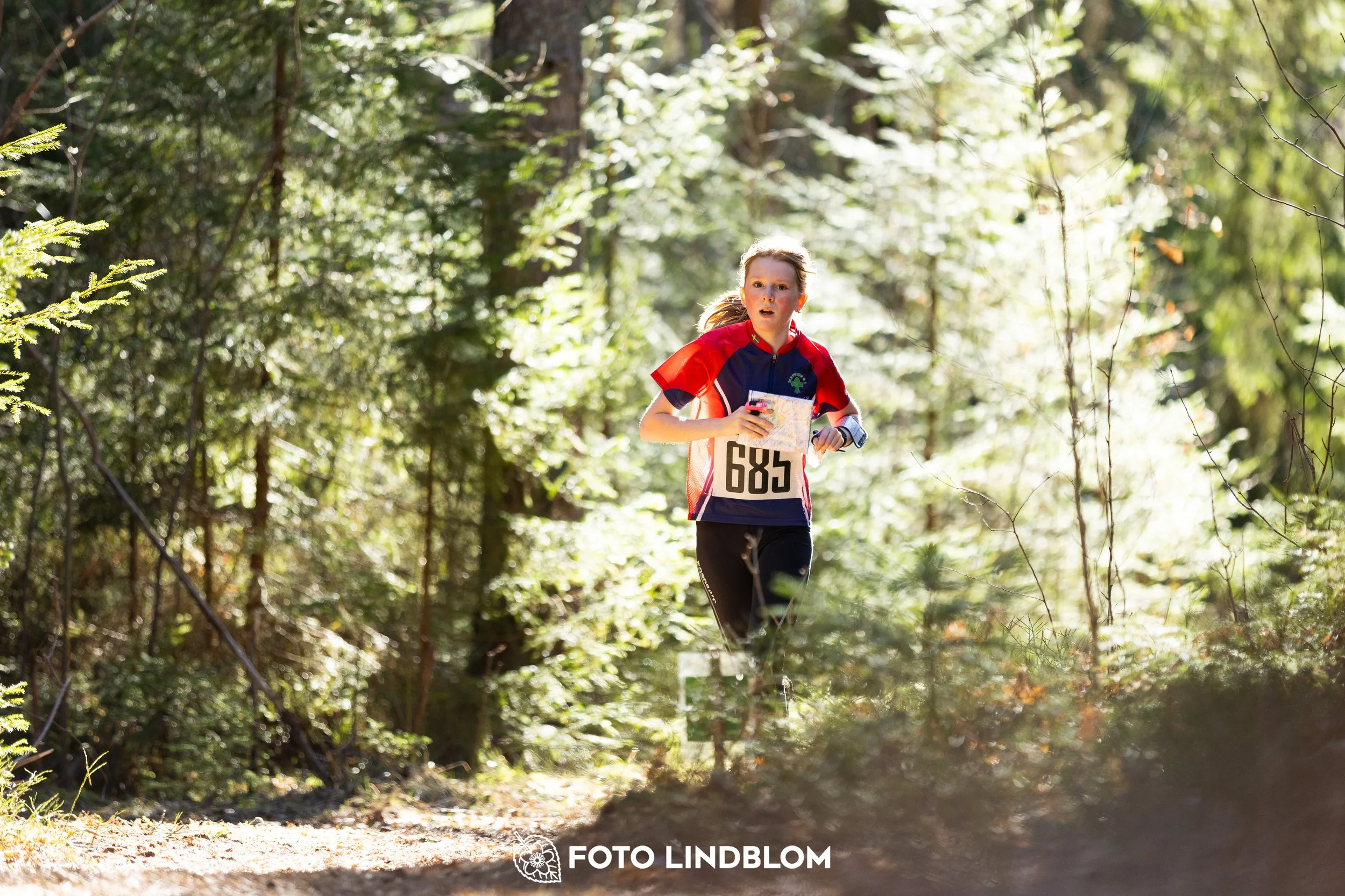 Image from Nyköpingsorienteringen 2026 showing competitors navigating forest terrain, taken by Foto Lindblom.