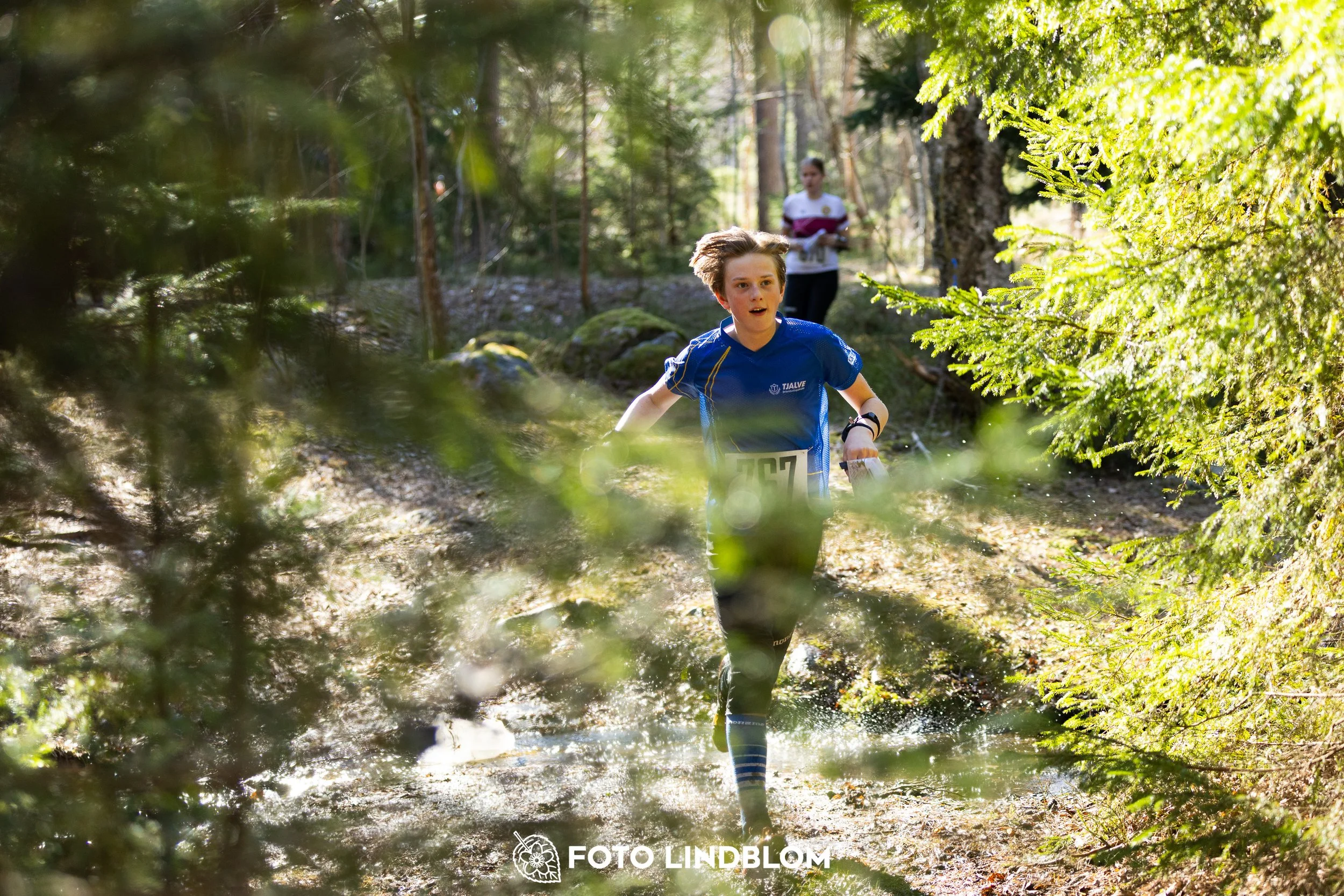 Image from Nyköpingsorienteringen 2026 showing competitors navigating forest terrain, taken by Foto Lindblom.