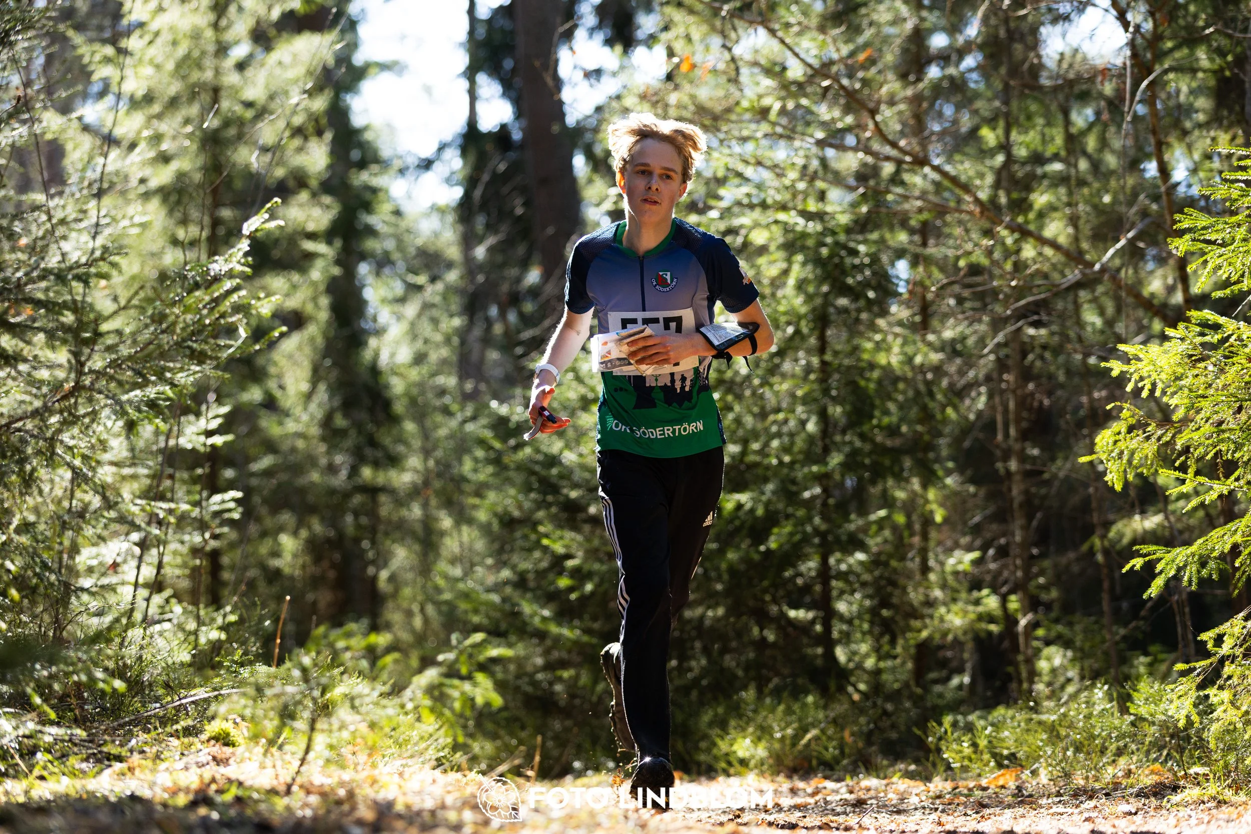 Image from Nyköpingsorienteringen 2026 showing competitors navigating forest terrain, taken by Foto Lindblom.