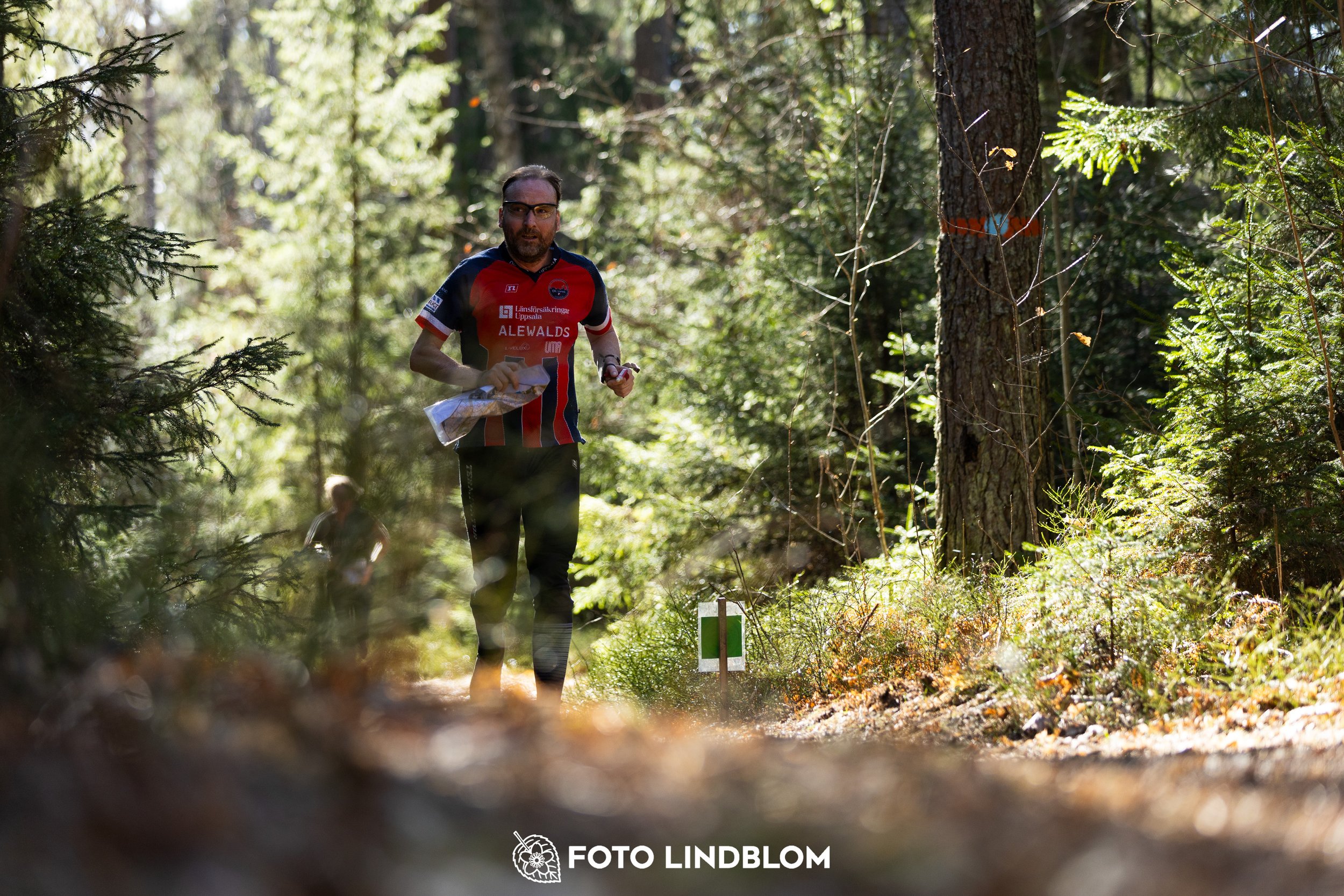 Image from Nyköpingsorienteringen 2026 showing competitors navigating forest terrain, taken by Foto Lindblom.