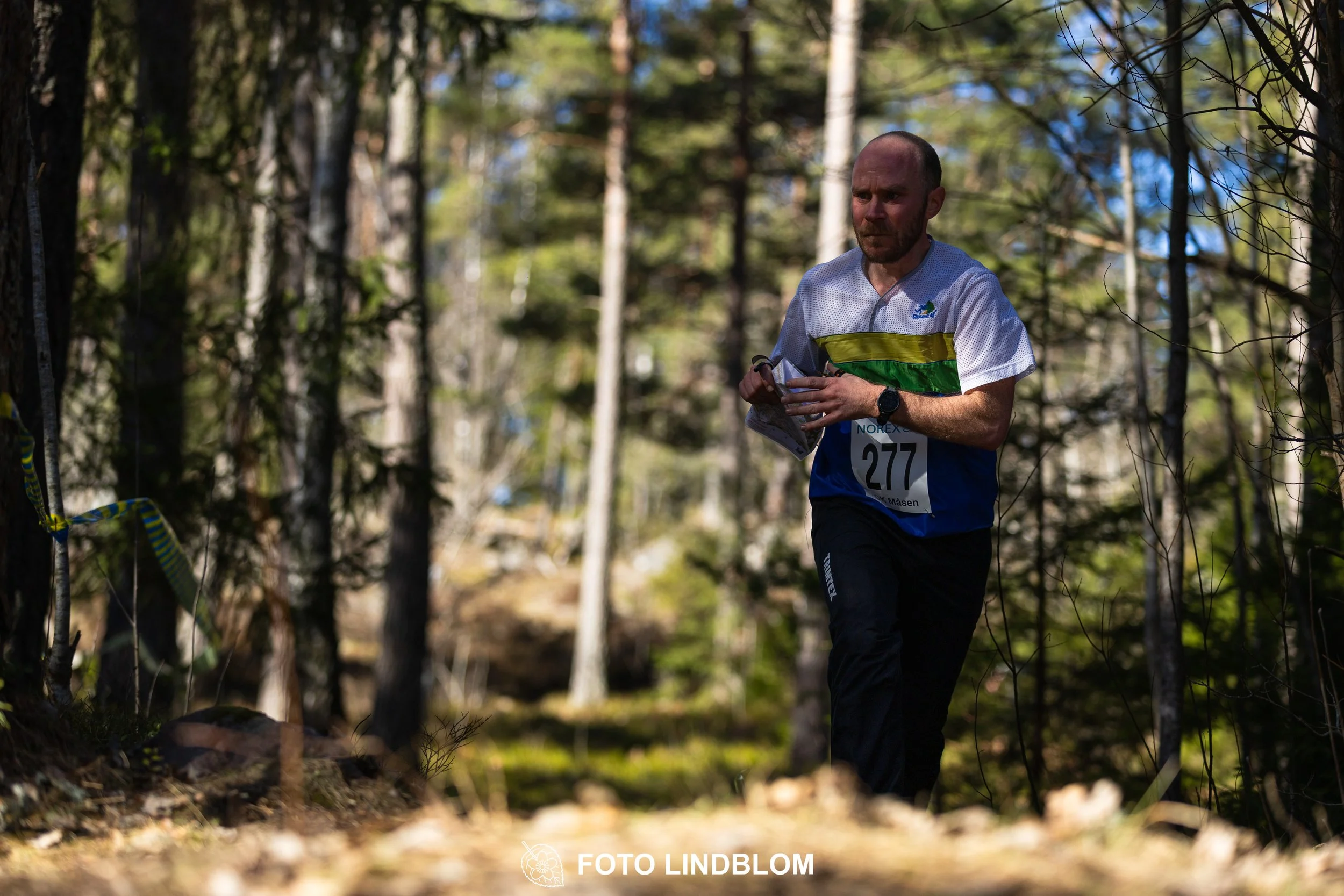 An image from the orienteering relay Måsenstafetten 2026, showing athletes in forest terrain, shot by Foto Lindblom.
