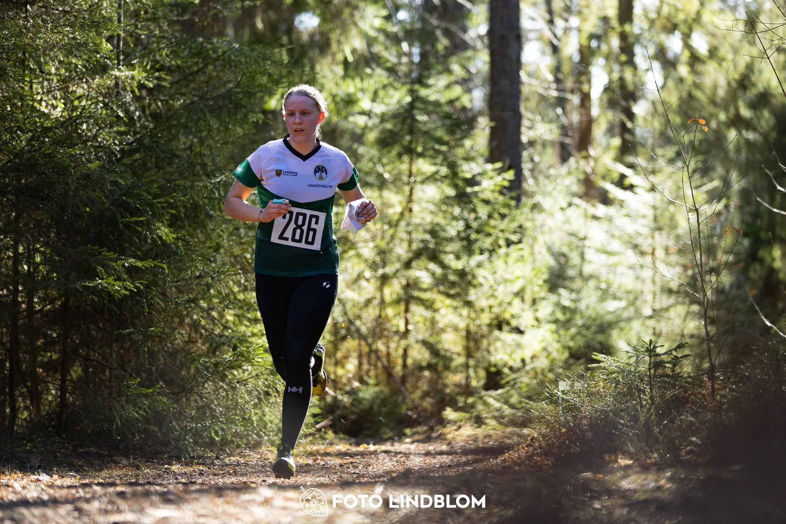 Image from Nyköpingsorienteringen 2026 showing competitors navigating forest terrain, taken by Foto Lindblom.