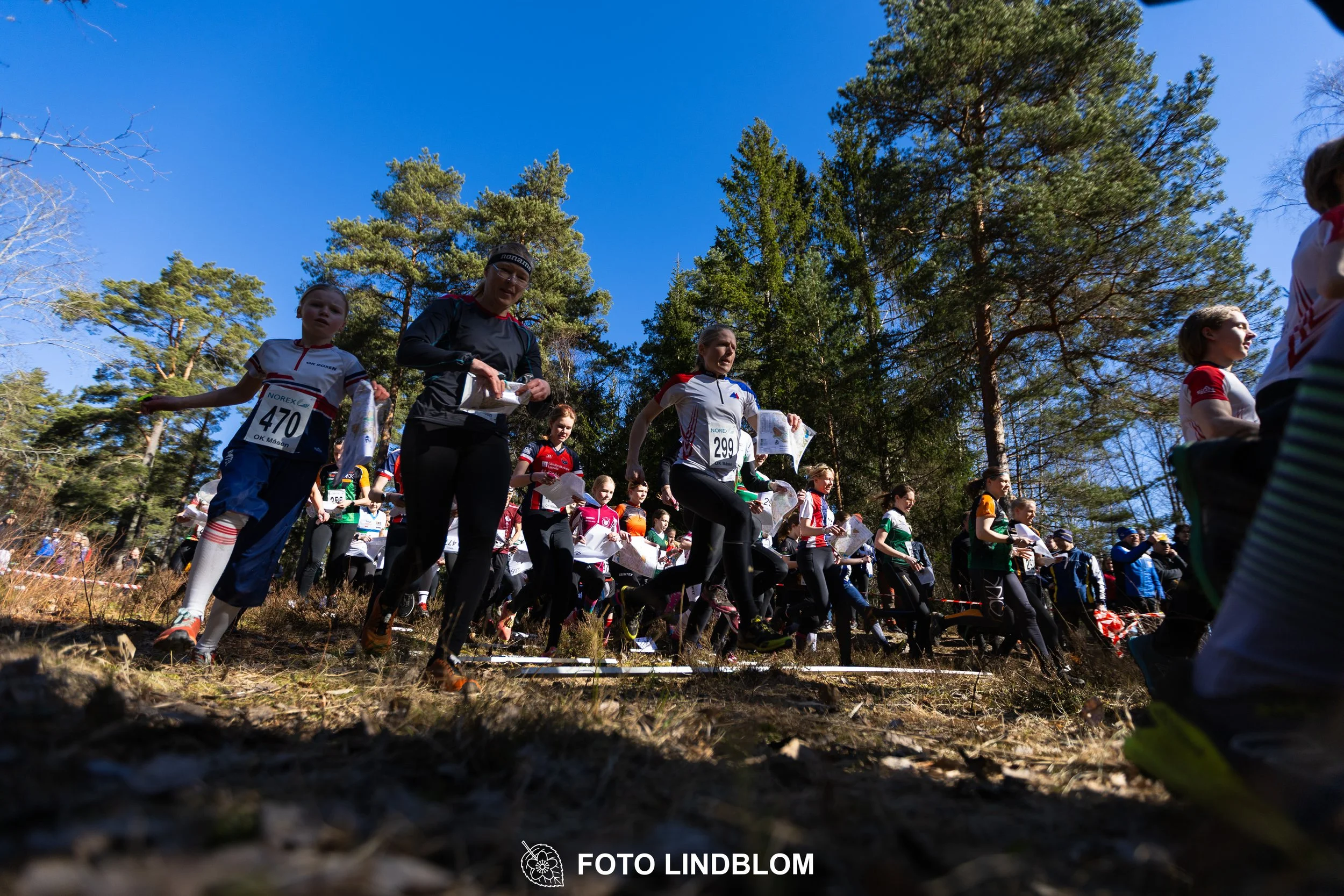 Swedish orienteering relay event Måsenstafetten 2026, with teams racing through forest terrain, captured by Foto Lindblom.