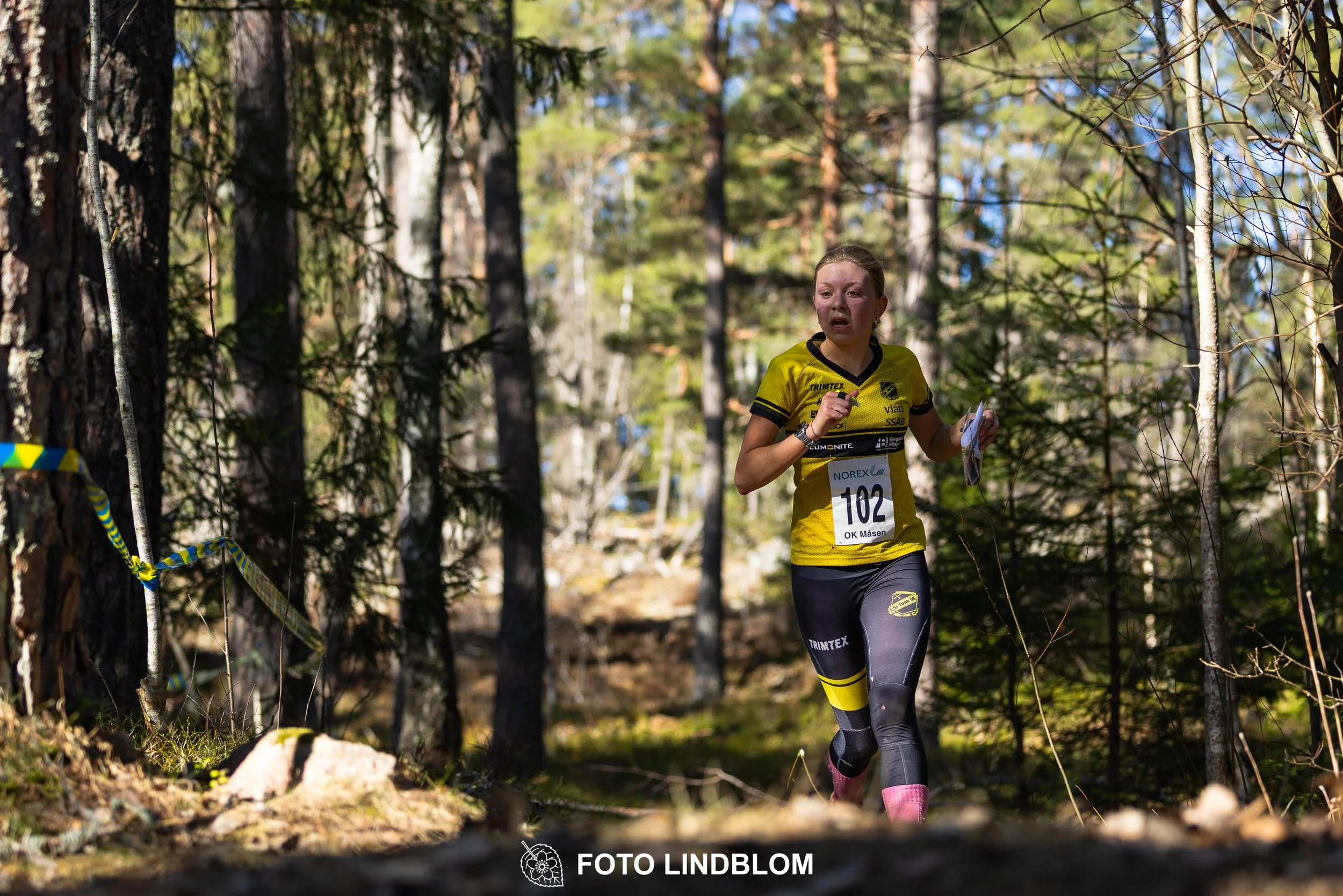 Photo of competitors during the Måsenstafetten 2026 team relay, taken in a wooded landscape by Foto Lindblom.