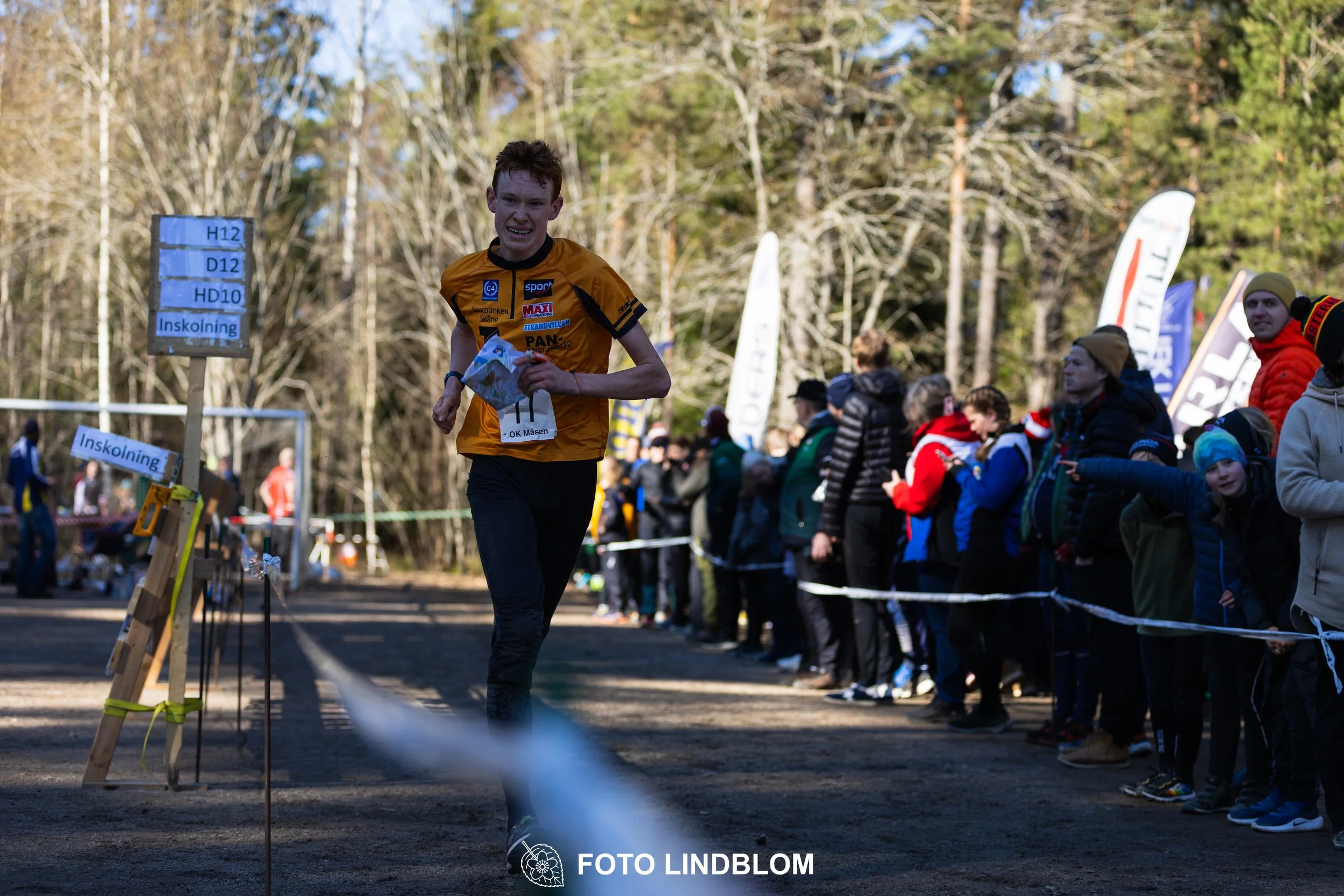 Team relay action at Måsenstafetten 2026, an orienteering competition in forest terrain, photographed by Foto Lindblom.