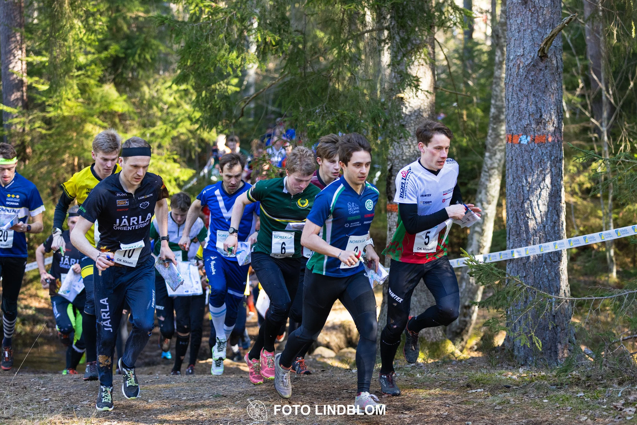 Team relay action at Måsenstafetten 2026, an orienteering competition in forest terrain, photographed by Foto Lindblom.