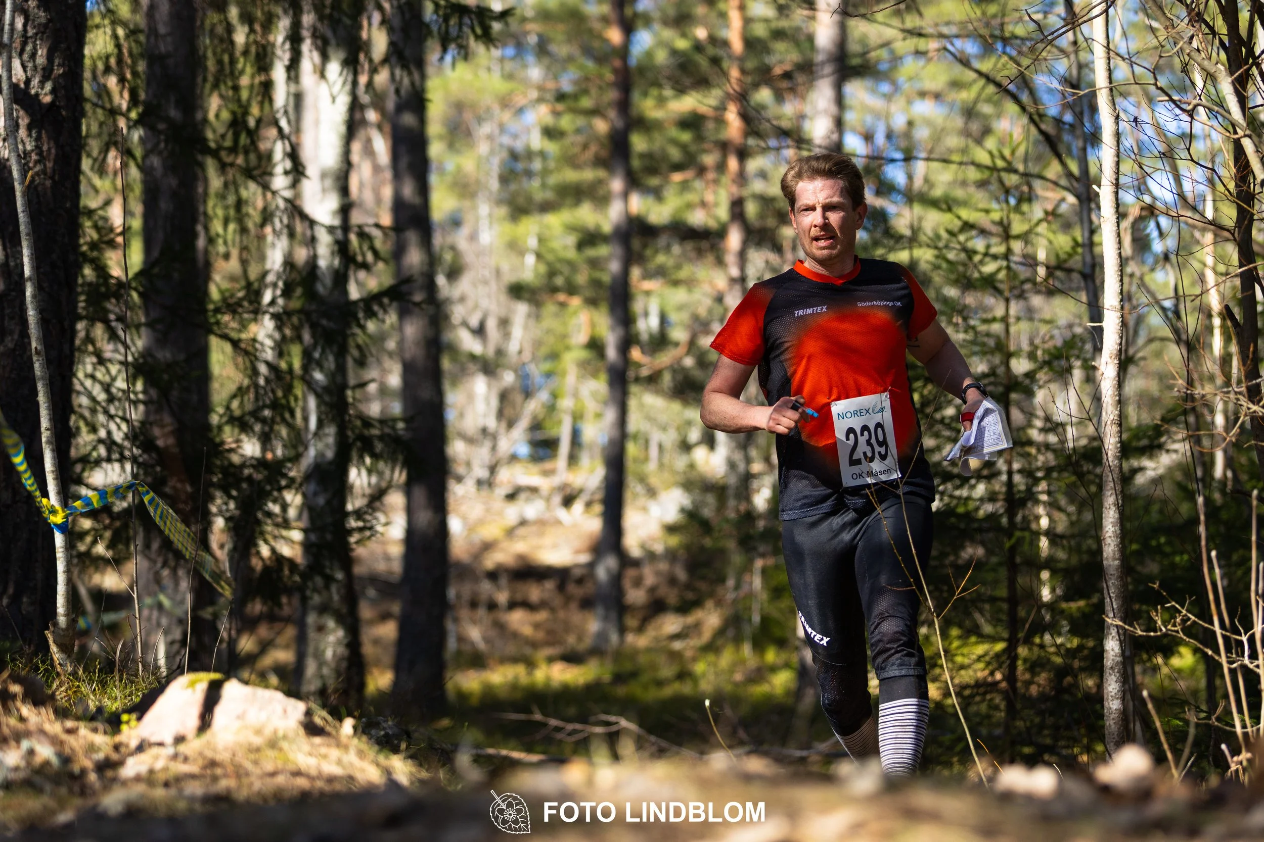 Image from Måsenstafetten 2026 showing orienteering relay teams competing in Swedish forest terrain, taken by Foto Lindblom.