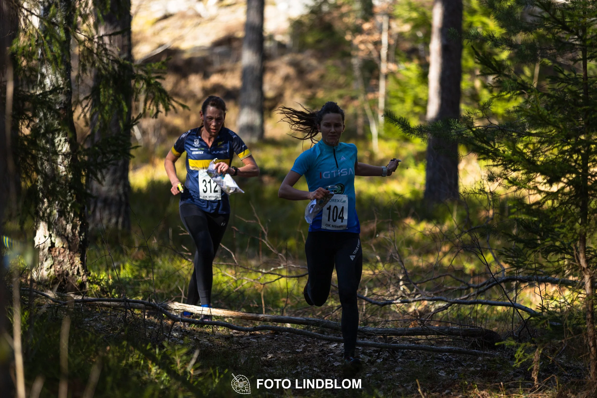 Swedish orienteering relay event Måsenstafetten 2026, with teams racing through forest terrain, captured by Foto Lindblom.