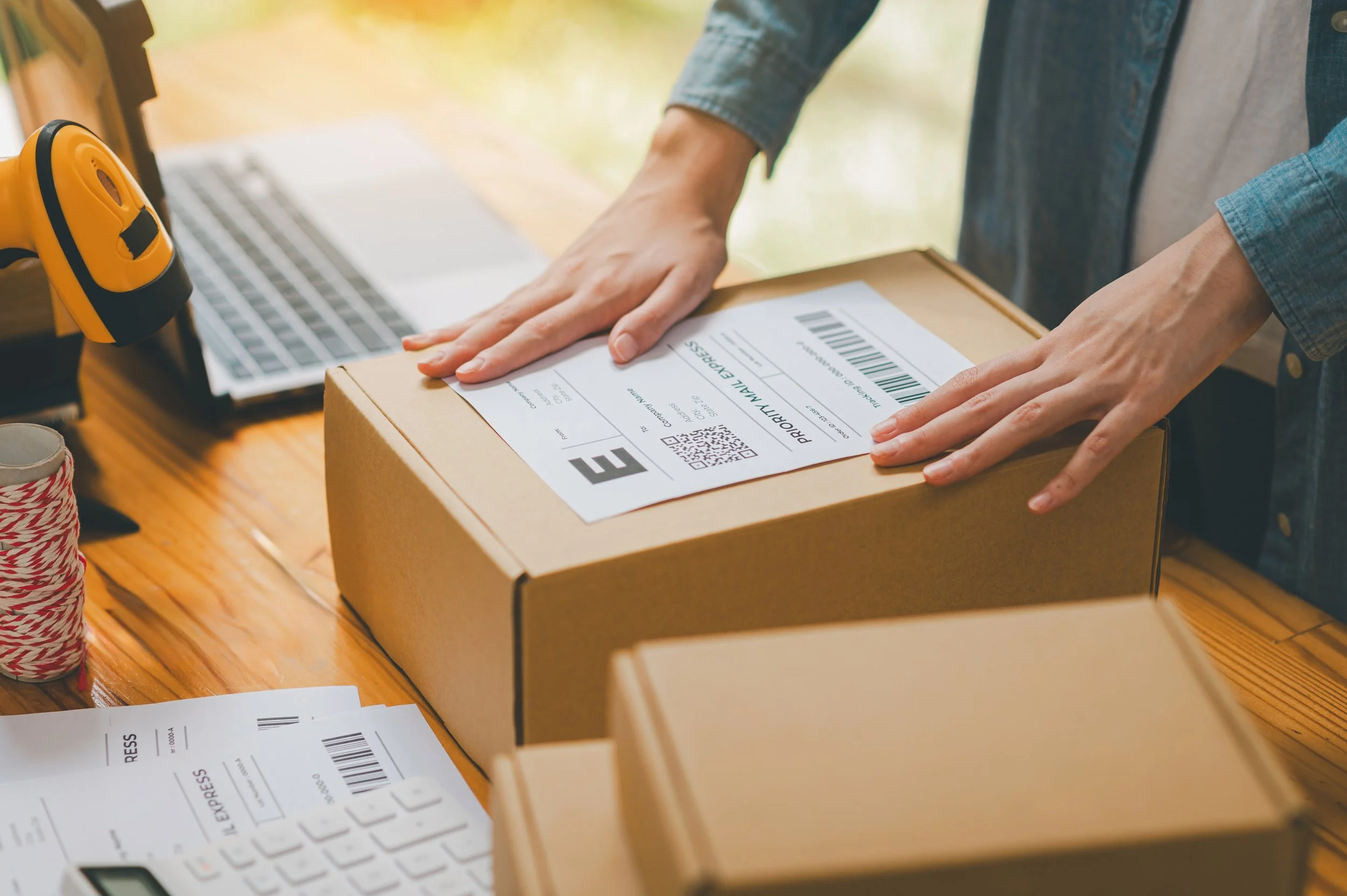 Parcel being prepared by an employee.