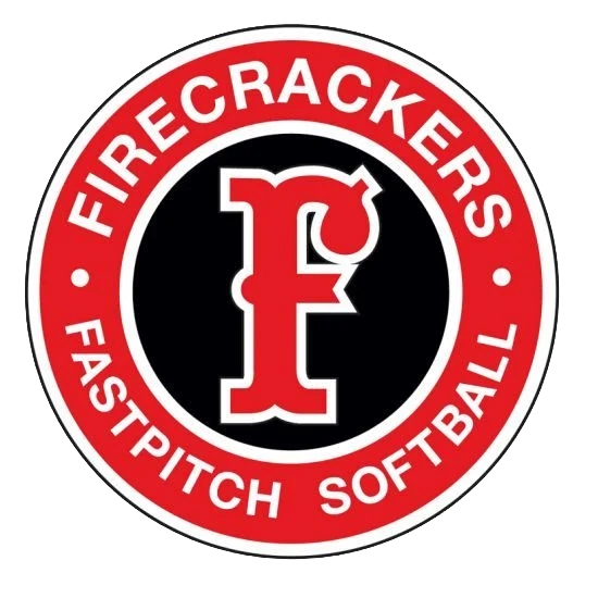 Logo with a black background and a red and white circular border. Inside, a stylized red letter 'F' in the center. Around the border, white text reads "FIRECRACKERS," "FASTPITCH SOFTBALL," and "771".