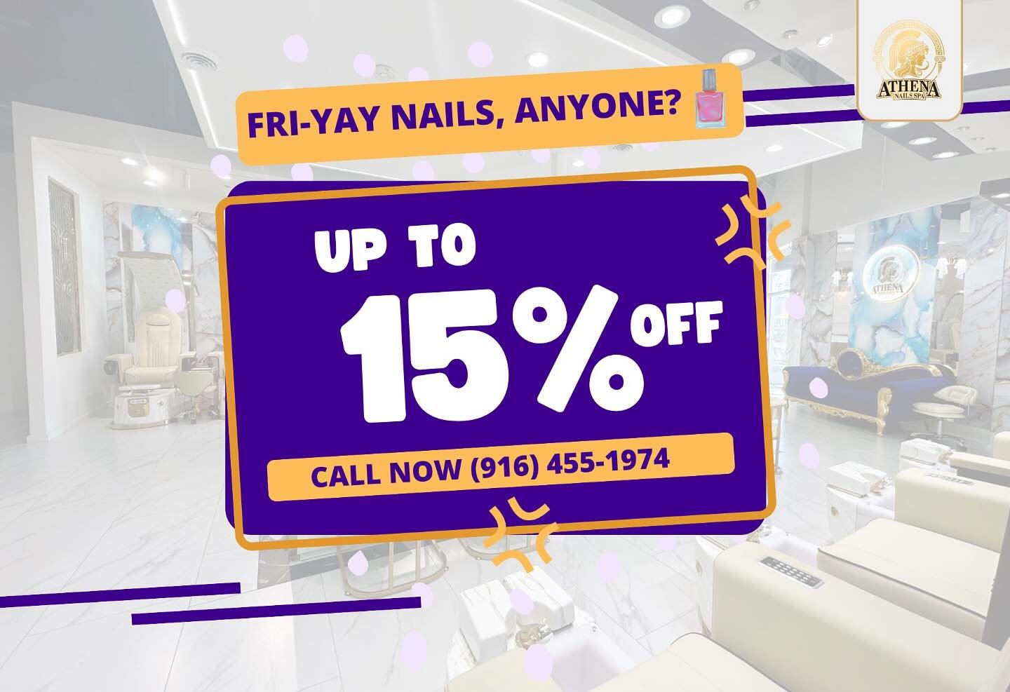 ✨ Fri-YAY nails, anyone? 💅 ✨
Kick off your weekend with a little self-care and sparkle.
Come pamper yourself at Athena Nails &amp; Spa and enjoy 15% OFF all services during our Soft Opening 🎉
Whether it&rsquo;s a fresh manicure, a relaxing pedicure