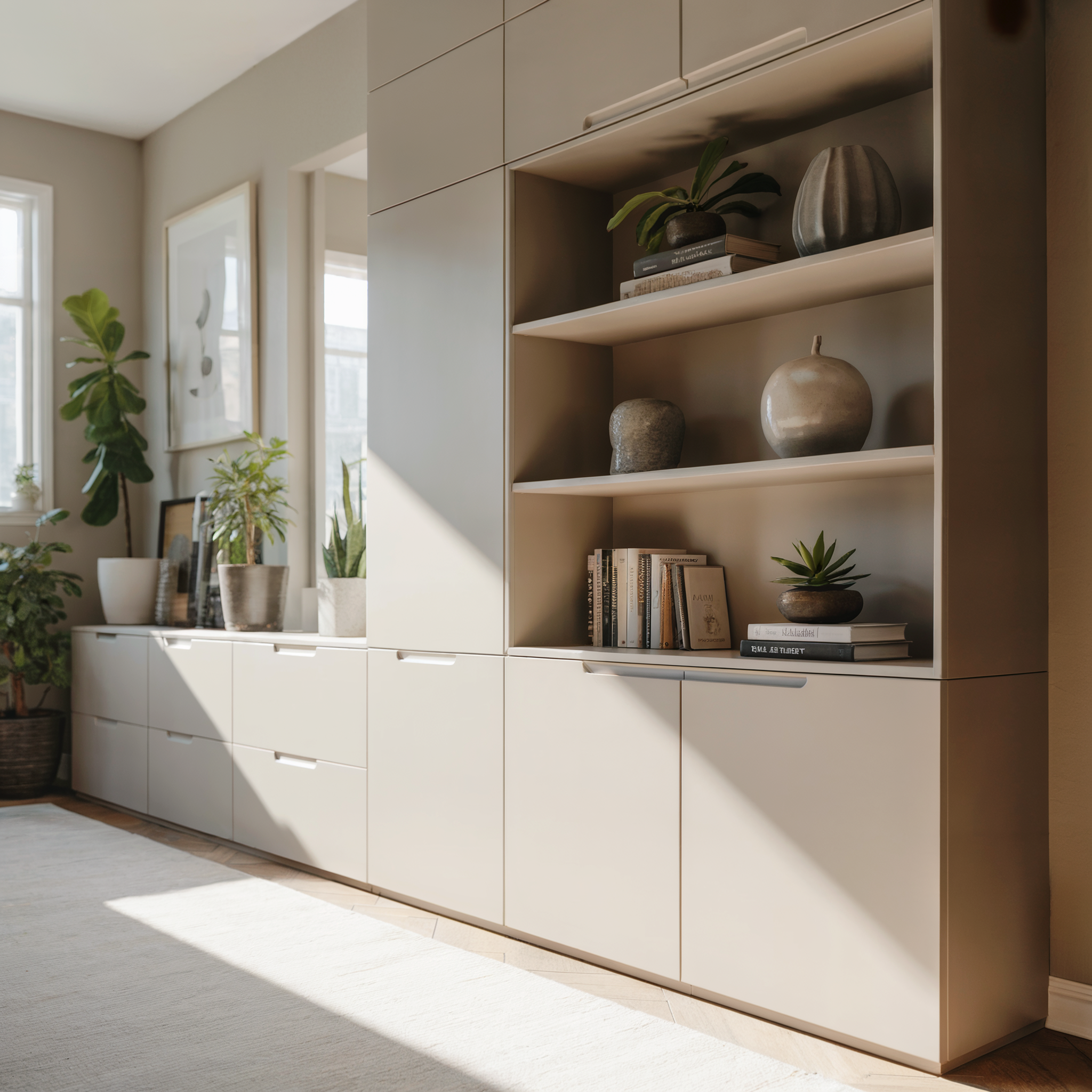 Living room with white built-in cabinets and open shelves filled with potted plants, decorative objects, and books, illuminated by natural light from windows.