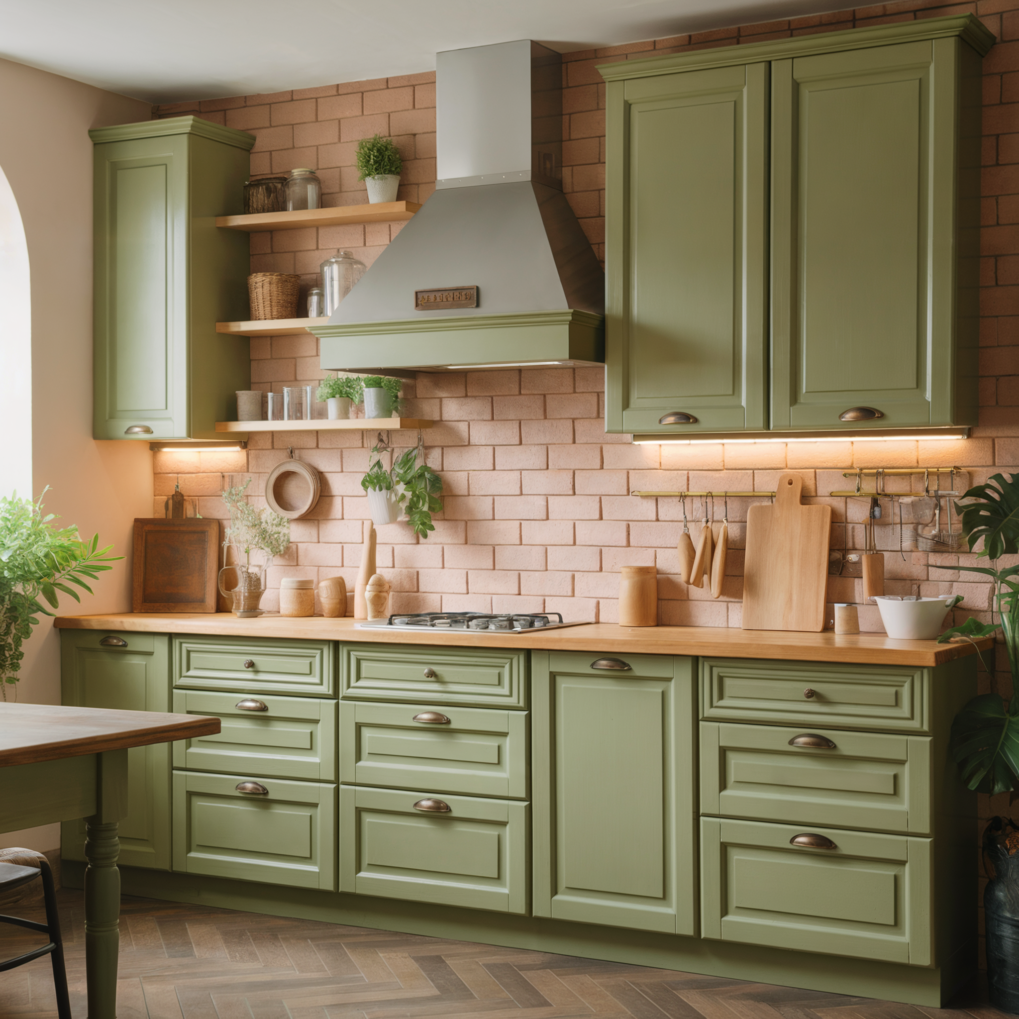 Kitchen with green cabinets, wooden countertop, brick backsplash, open shelves with jars and plants, and stainless steel range hood.