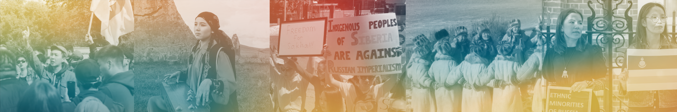 A diverse group of people protesting with signs and banners, advocating for indigenous rights and against imperialism, outdoors near a structure with wrought iron gates.