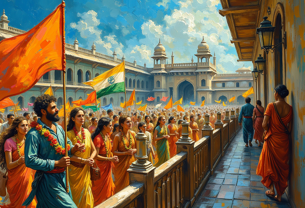 A devotional procession in a sunlit Indian palace courtyard