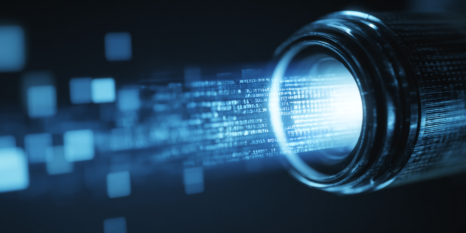 Futuristic digital technology device with glowing blue light and binary code projection.