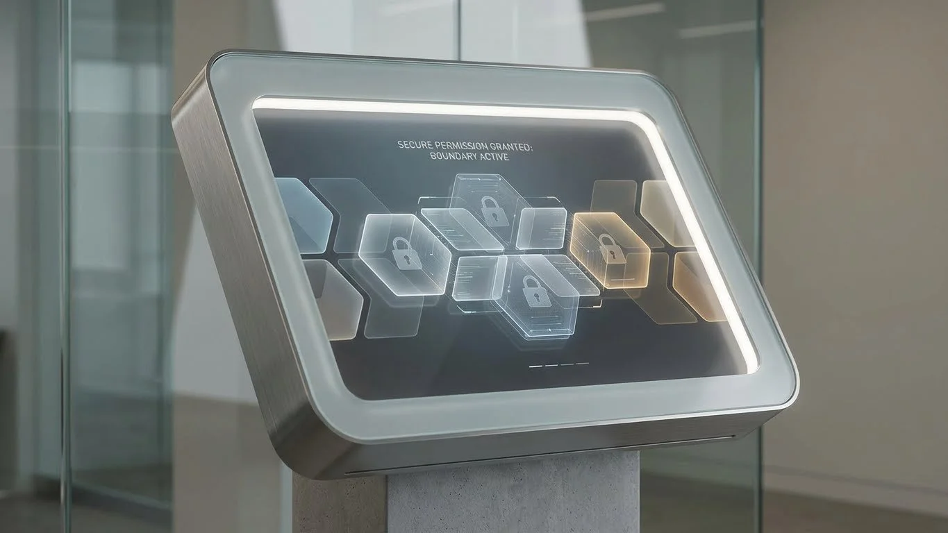 A digital security kiosk with a touchscreen display showing various digital lock icons and a message about secure permission granted.