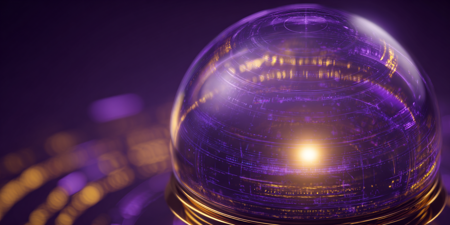 A digital, glowing sphere with purple and gold digital patterns and lines, resembling a high-tech globe or hologram.
