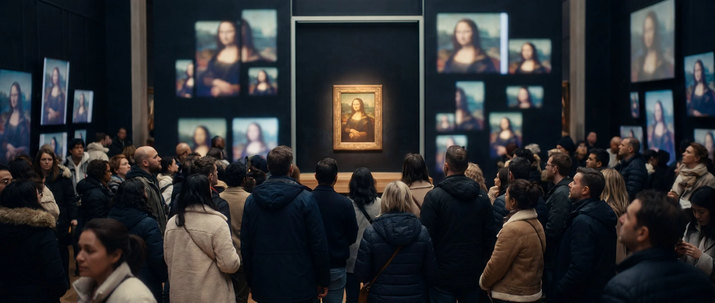Visitors gather around a single iconic artwork while countless reproductions fade into the background.