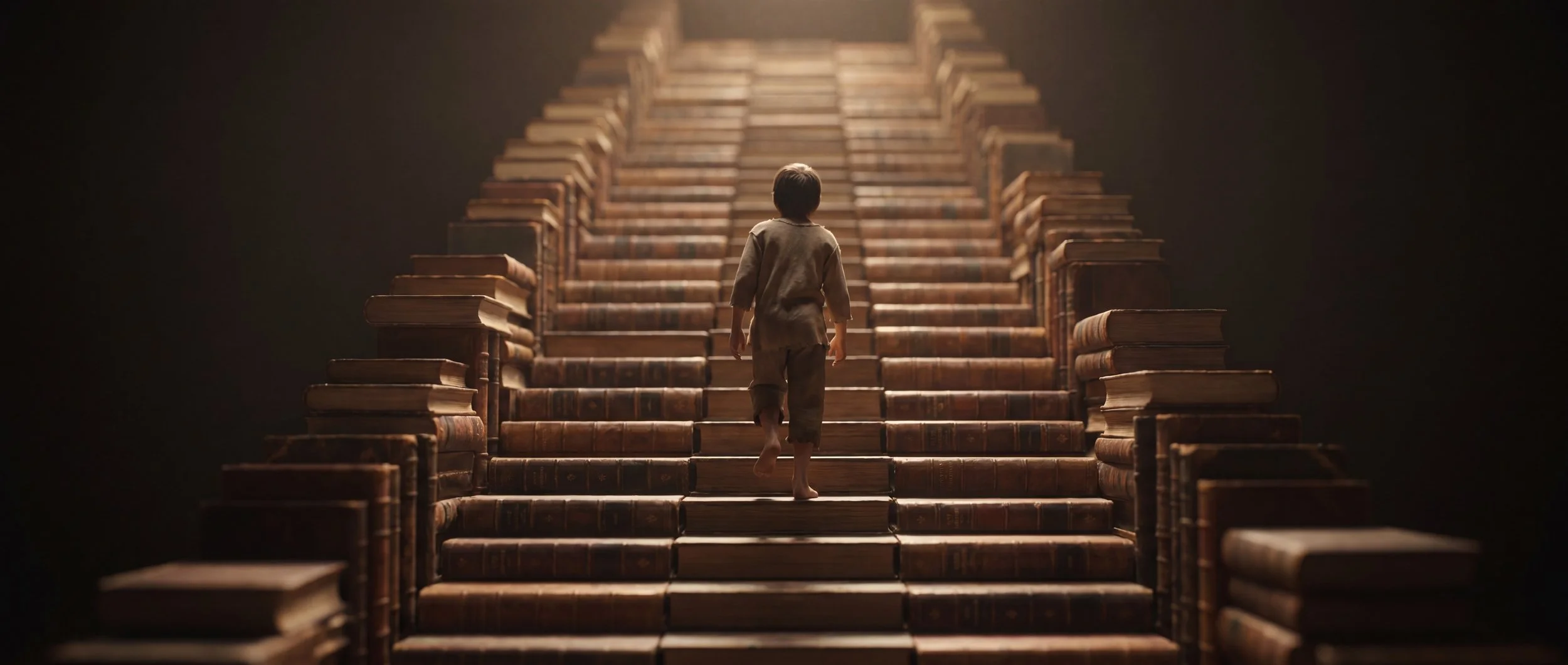 A lone figure climbs a towering staircase made of books, symbolizing years of study, effort, and accumulated expertise.