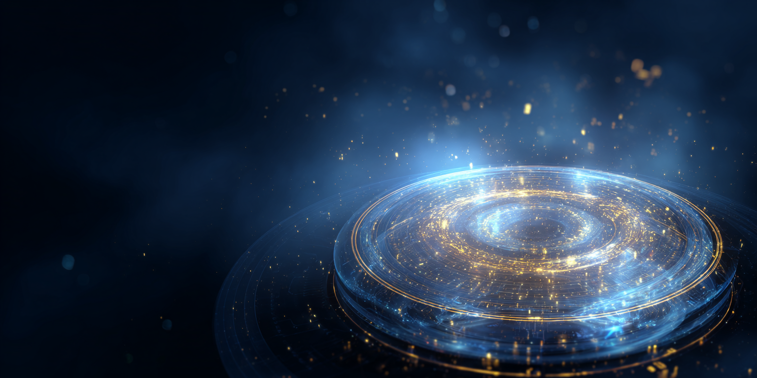 A digital rendering of a glowing Earth-like planet with rings of light, viewed from space, surrounded by stars.