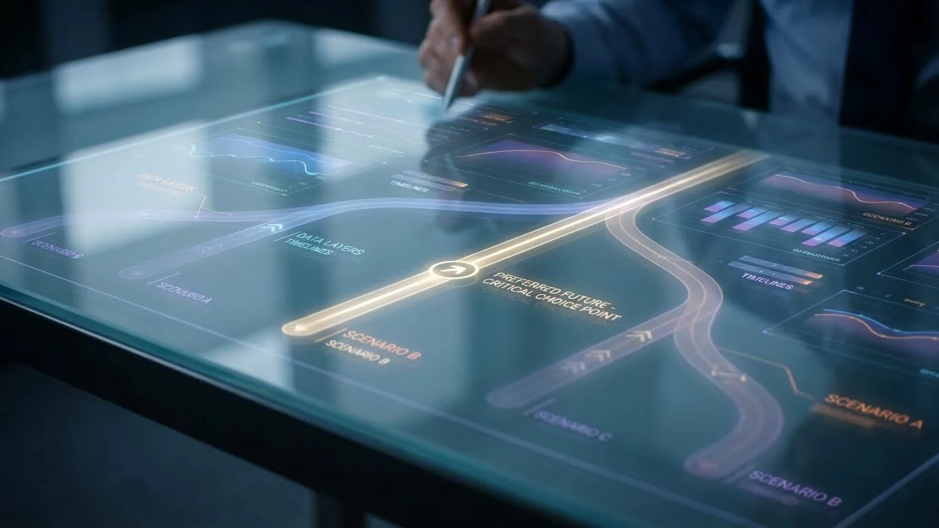 A person using a stylus on a futuristic touchscreen interface displaying a map with routes, graphs, and data points.