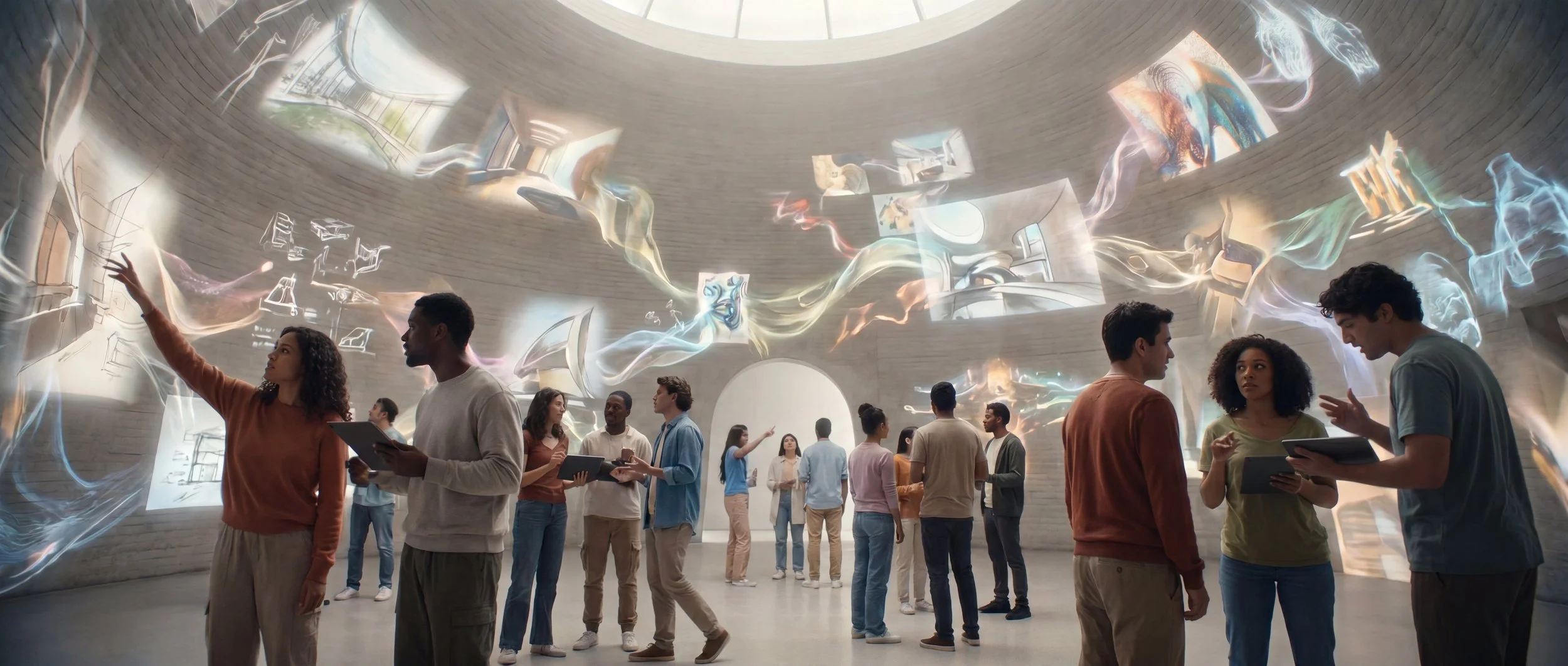 Students collaborate inside an AI-powered creative environment where ideas continuously evolve and connect across a shared immersive space.