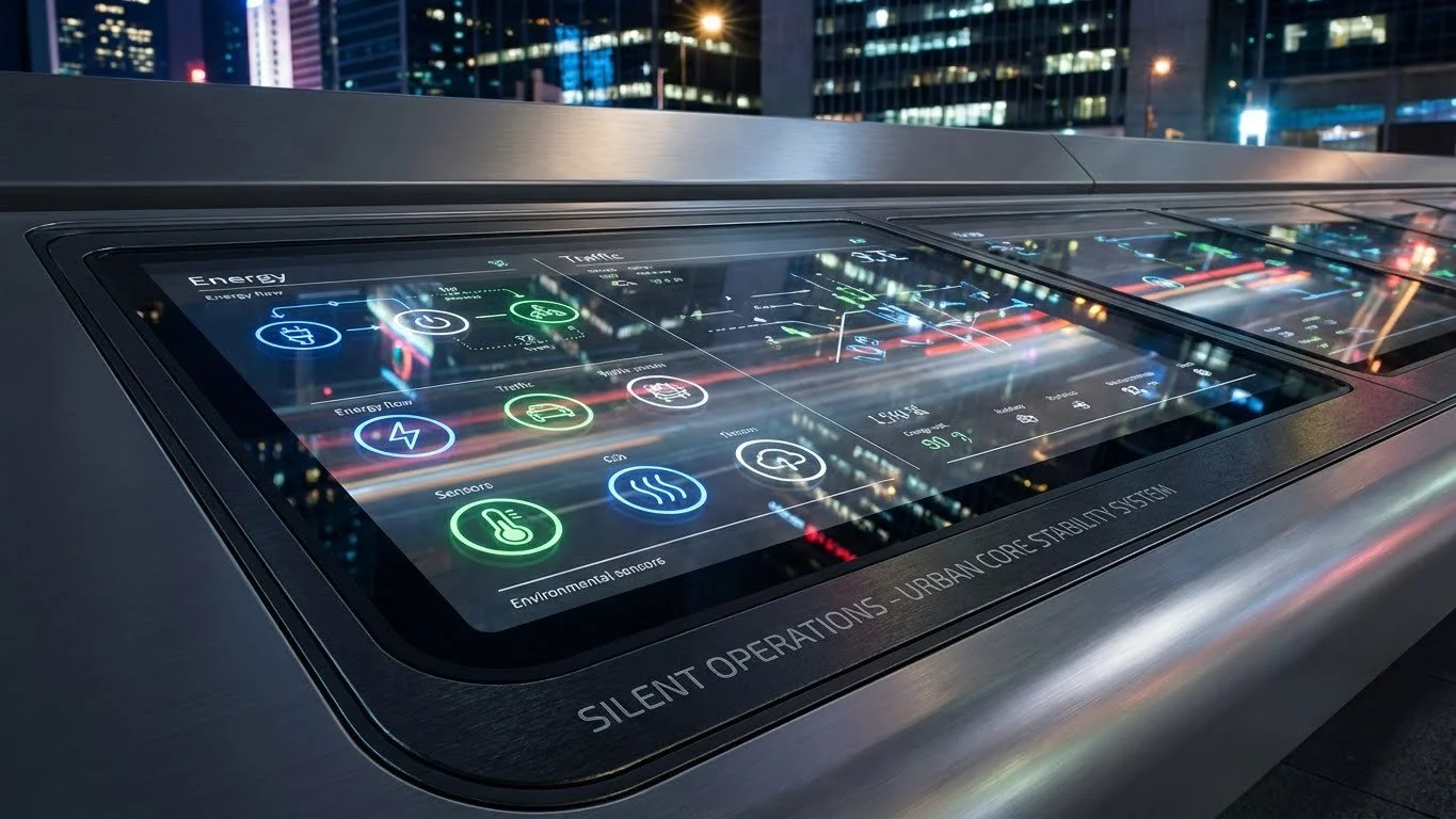 Touchscreen control panel on a city street at night, displaying various data and icons related to energy, traffic, sensors, and environmental sensors.