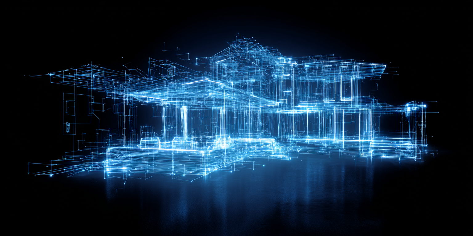 Digital wireframe blueprint of a modern house illuminated in blue against a black background.