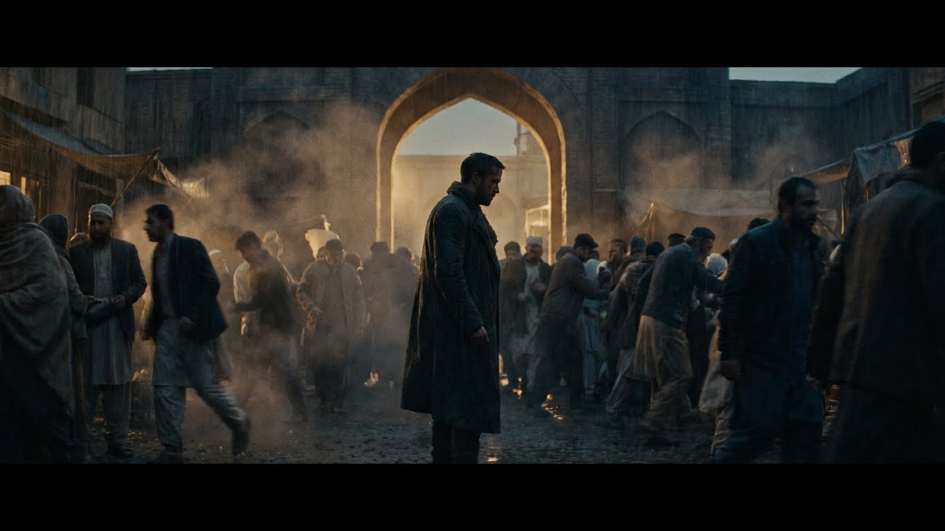 A crowded marketplace with people walking and gathering under an archway in a Middle Eastern setting, with smoke and dust in the air.