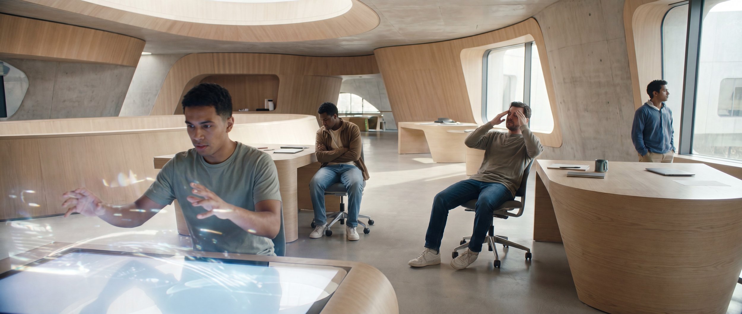 A student stands alone inside a large AI-powered creative learning environment, waiting in a quiet moment between intention and response.