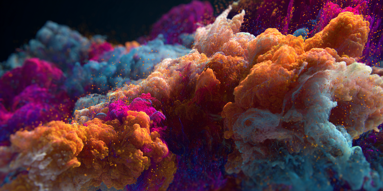Vivid, colorful underwater explosion of coral and plankton in shades of pink, orange, blue, and purple with tiny floating particles.