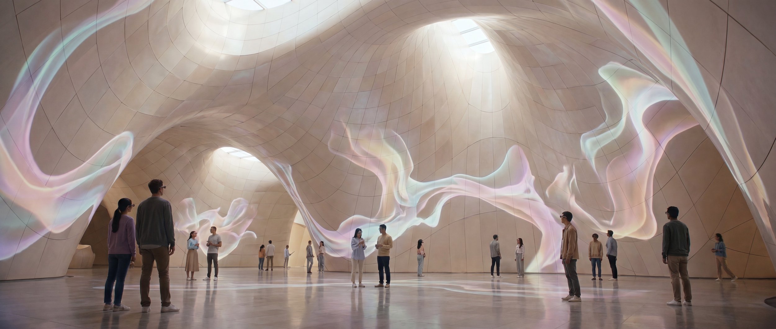 Students interact with a vast immersive creative environment where ideas materialize seamlessly across the architecture, creating a fluid connection between imagination and realization.
