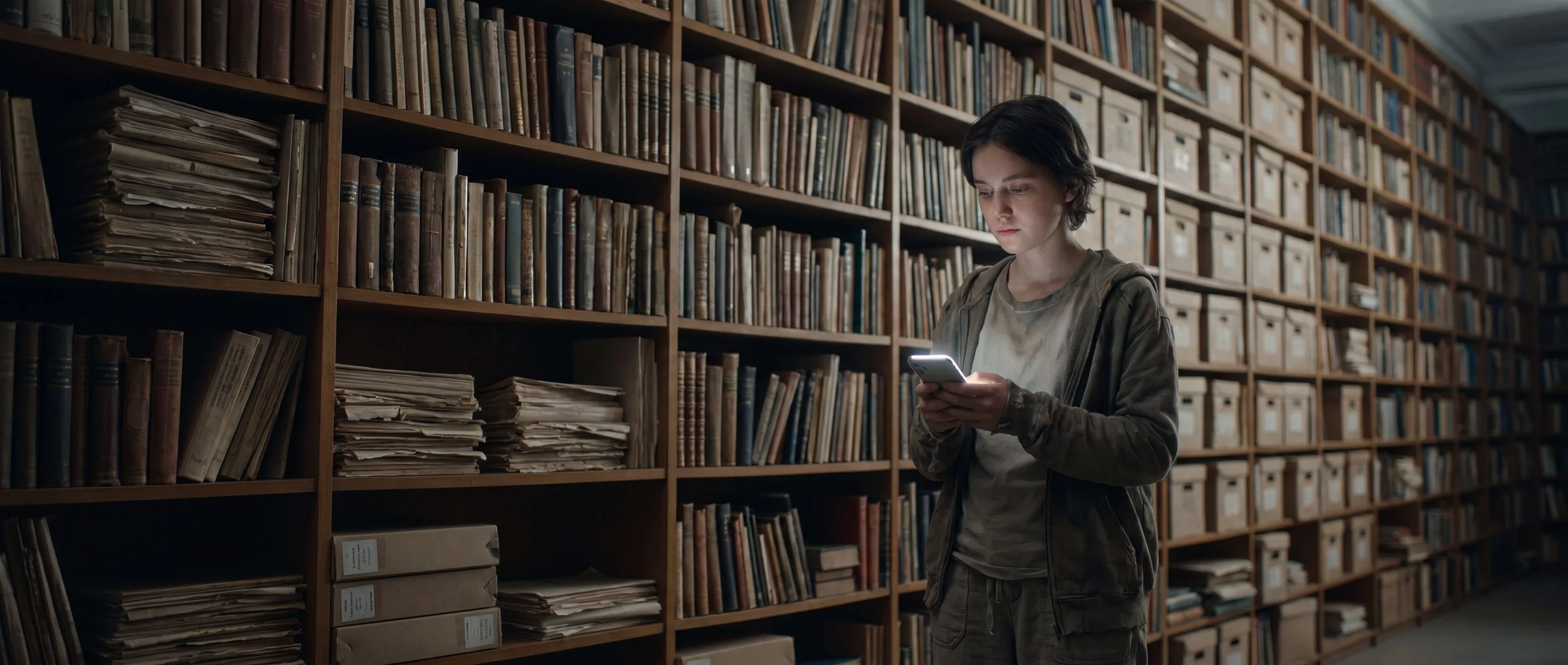 A young person stands before an immense wall of books while holding a small device capable of accessing vast amounts of information instantly.