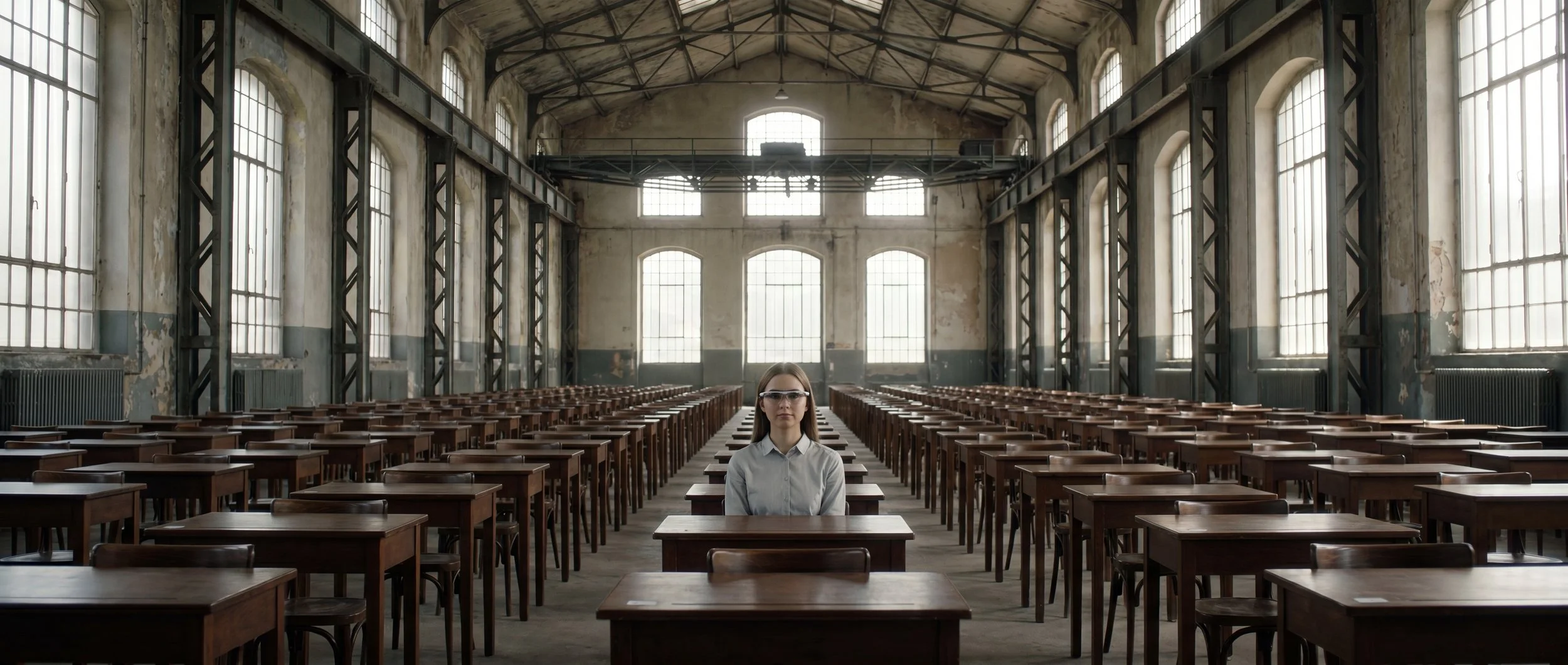 A student wearing smart glasses sits alone inside a vast examination hall designed around traditional educational systems.