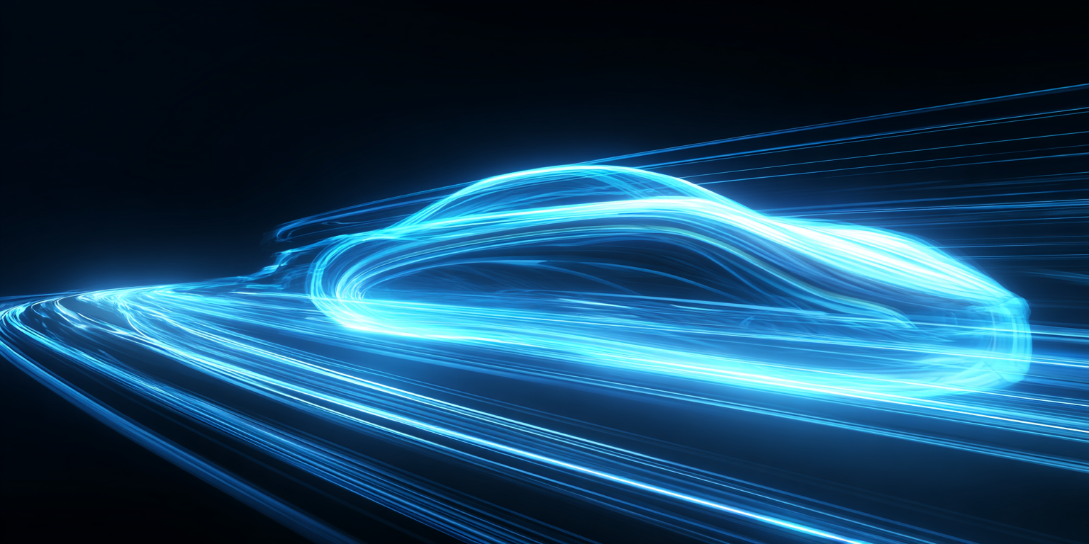 Abstract image of luminous blue light trails forming a speed vehicle on a black background.