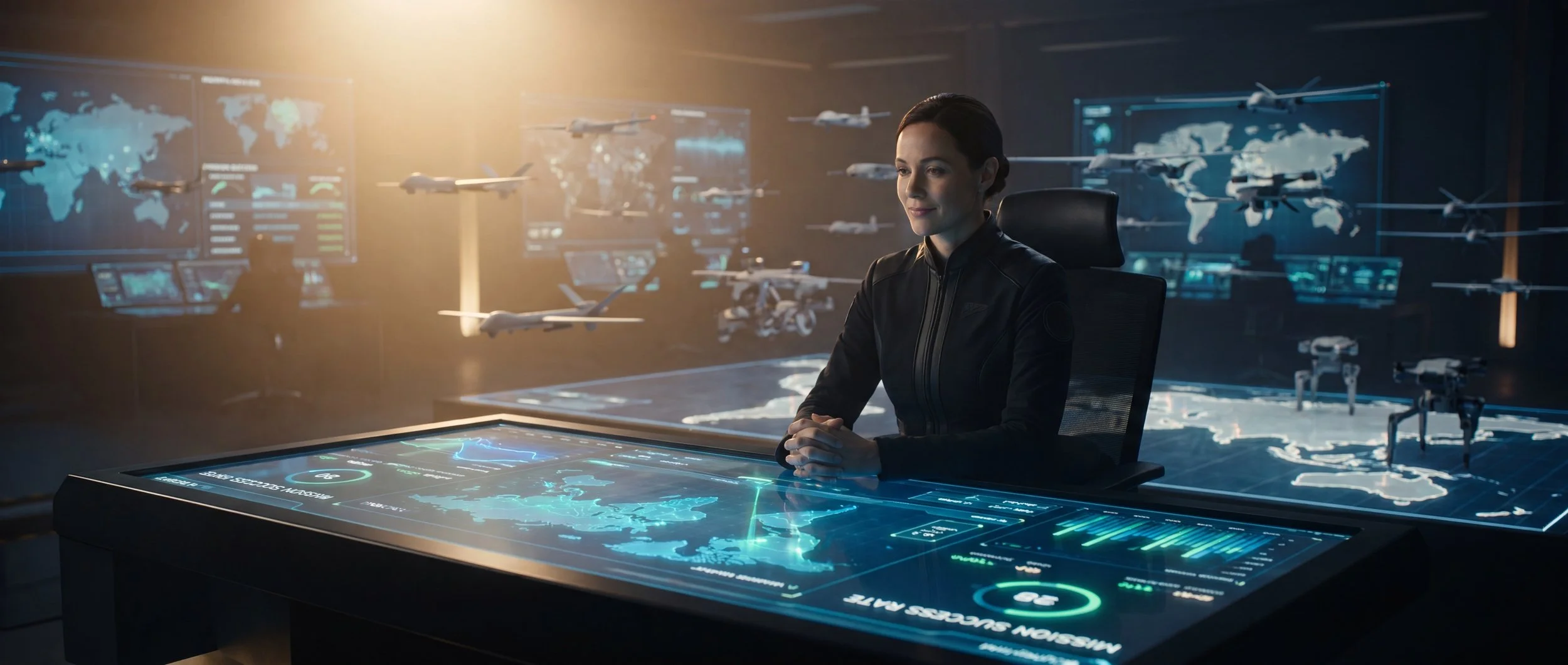 A military operator supervises a large autonomous force without monitoring every individual platform.